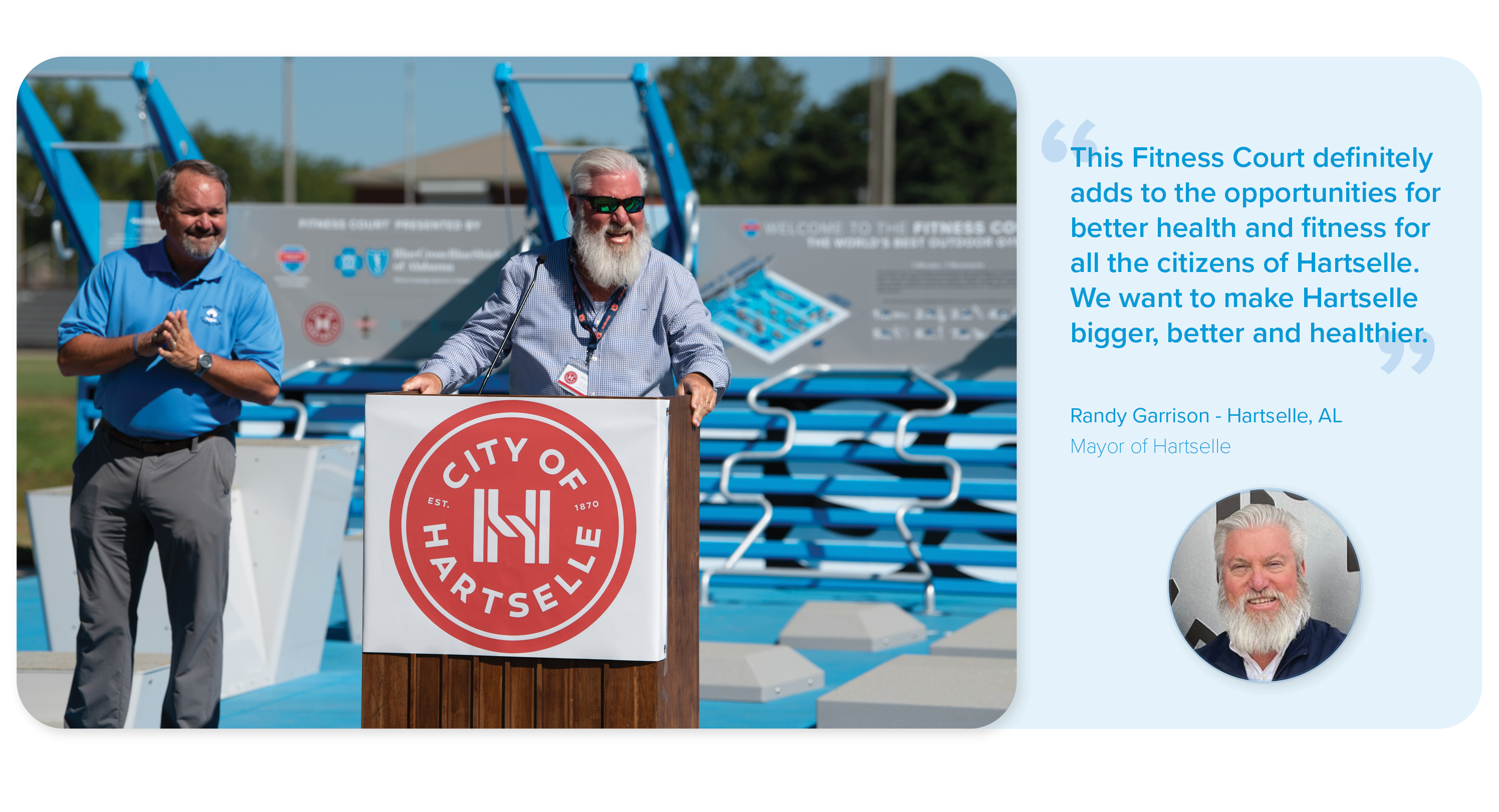 Mayor of Hartselle AL speaking at their Fitness Court ribbon cutting. A quote from the mayor highlighting the impact of the Fitness Court on their community.