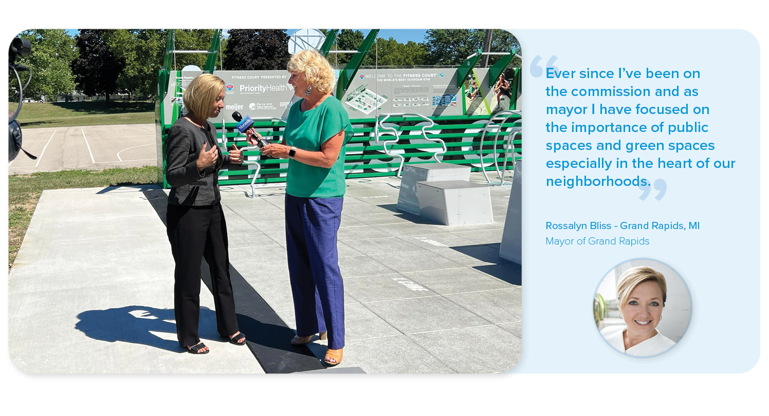 Mayor of Grand Rapids MI being interview on the Fitness Court. A quote from the Mayor highlighting the impact of the Fitness Court on their community.