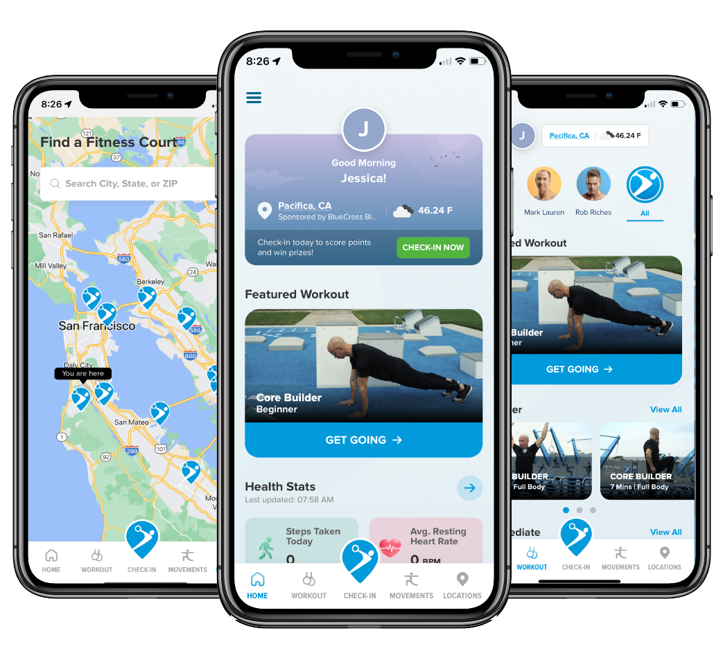 three phone screens with map, workouts and app home screen
